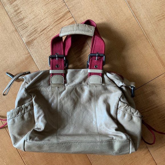 Beige Leather satchel bag with burgundy straps
